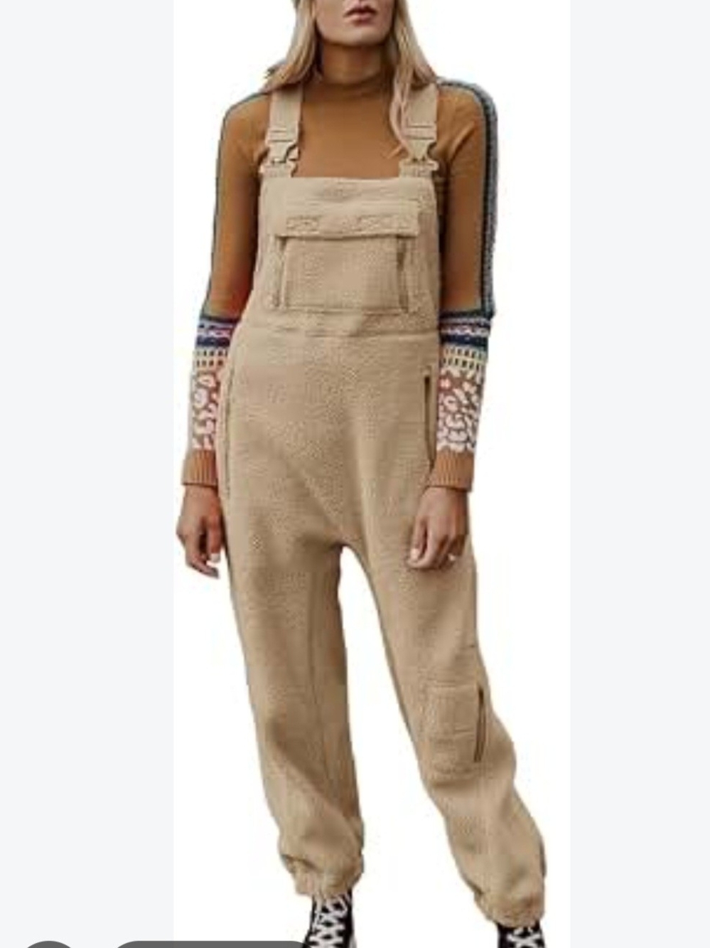 Casual Tan Sherpa Overalls for Women